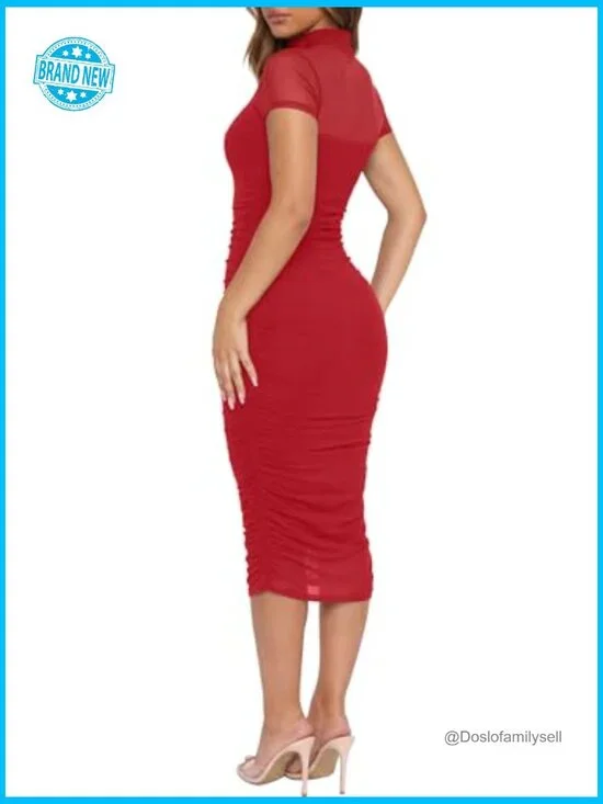 Sheer Mesh Midi Bodycon Dress Ruched Elegant Cocktail Evening Party Wear - Picture 2 of 7